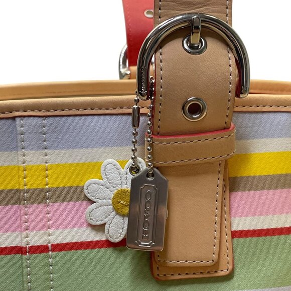 Coach Women’s Multicolor Canvas & Leather Striped With Daisy Charm Tote Bag Sz M - Picture 6 of 15